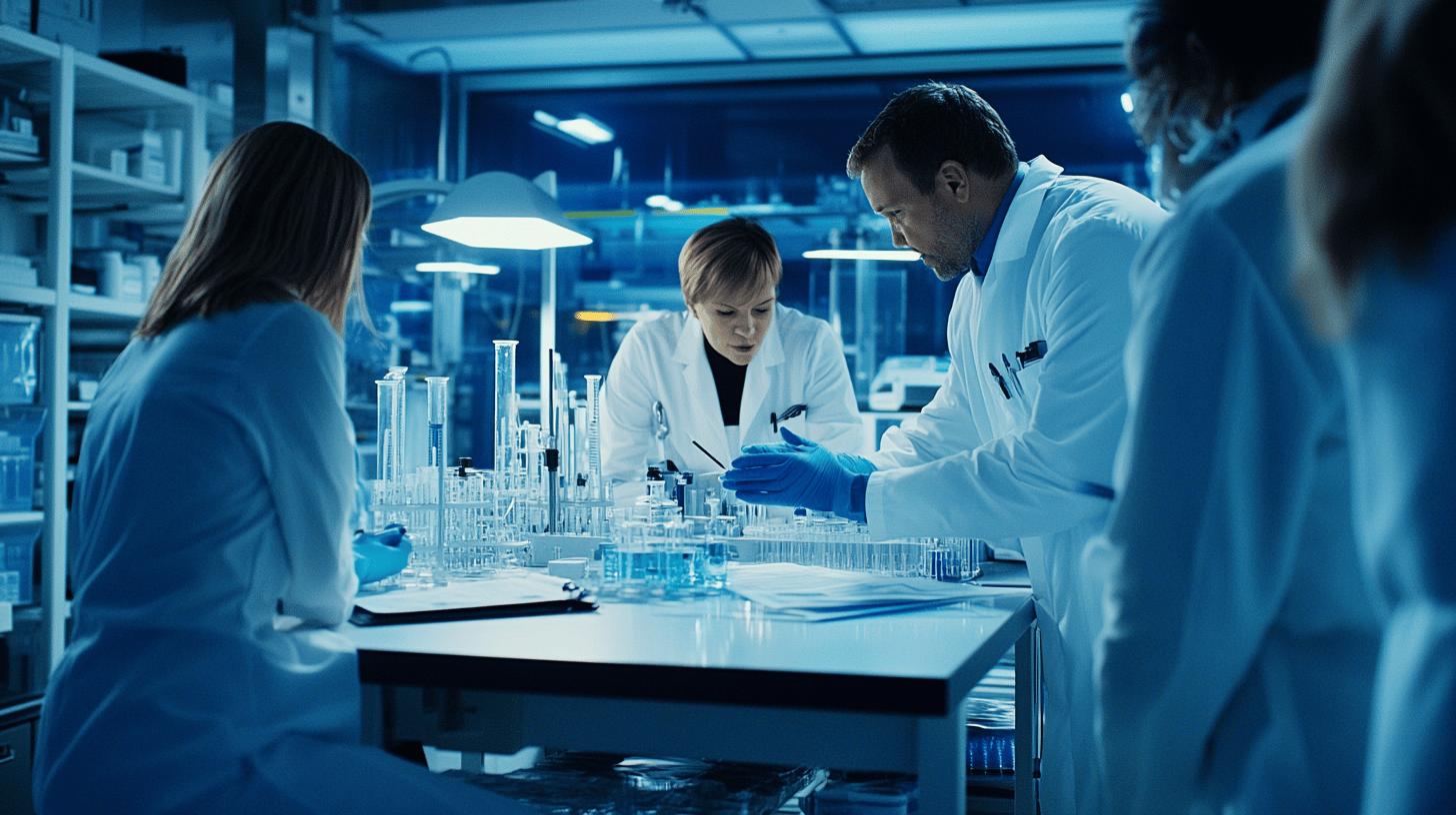 Scientists conducting medical research in a high-tech laboratory with test tubes and scientific equipment, working collaboratively under blue-tinted lighting