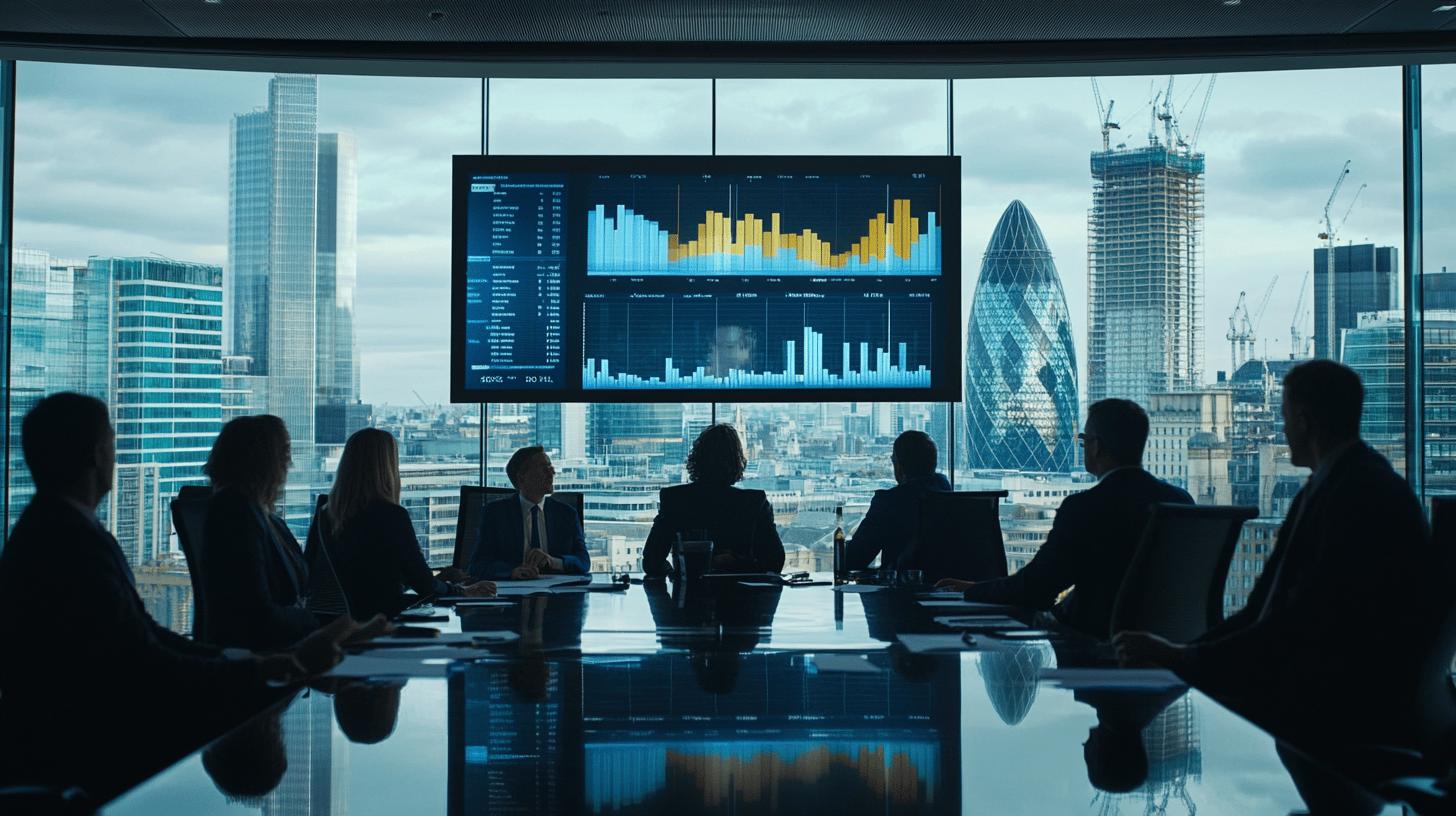 Business team analyzing financial data charts during meeting in modern London office with Gherkin and city skyline