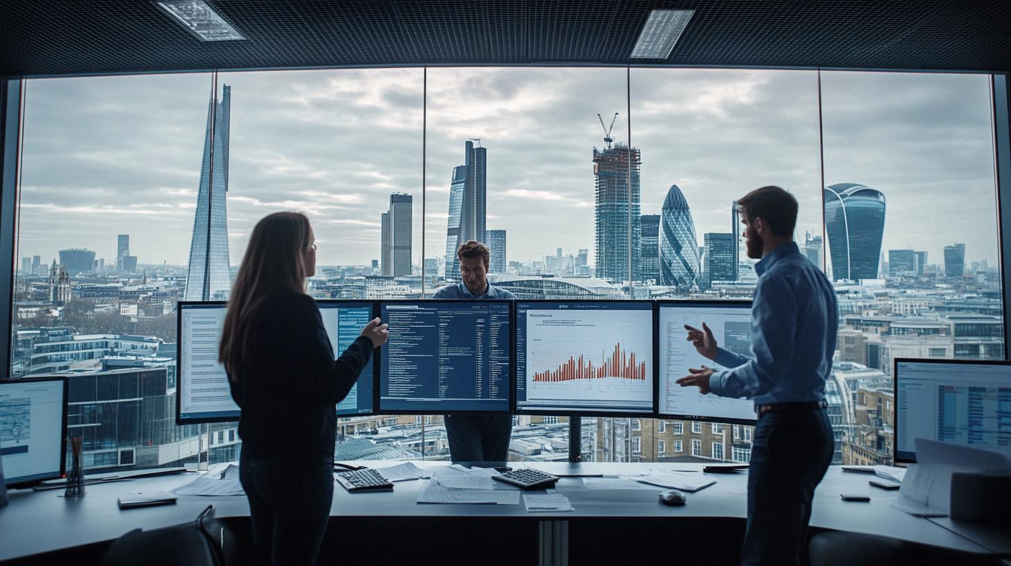 Financial analysts discussing data visualization with London cityscape and modern skyscrapers in background