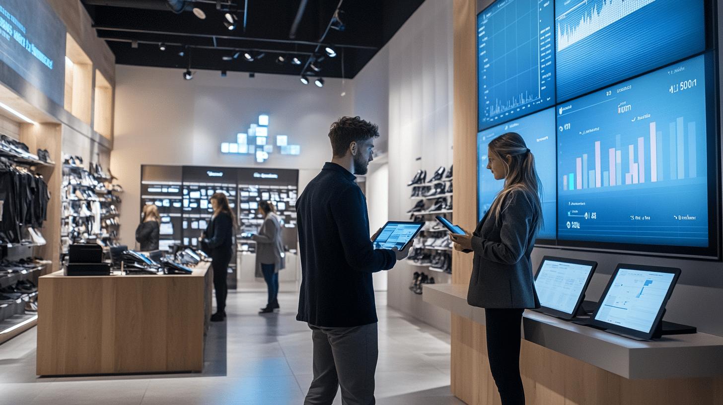 Modern retail store with digital analytics dashboard, showing employees analyzing sales data on interactive screens and tablets, with shoe display and technology-enabled shopping environment in background