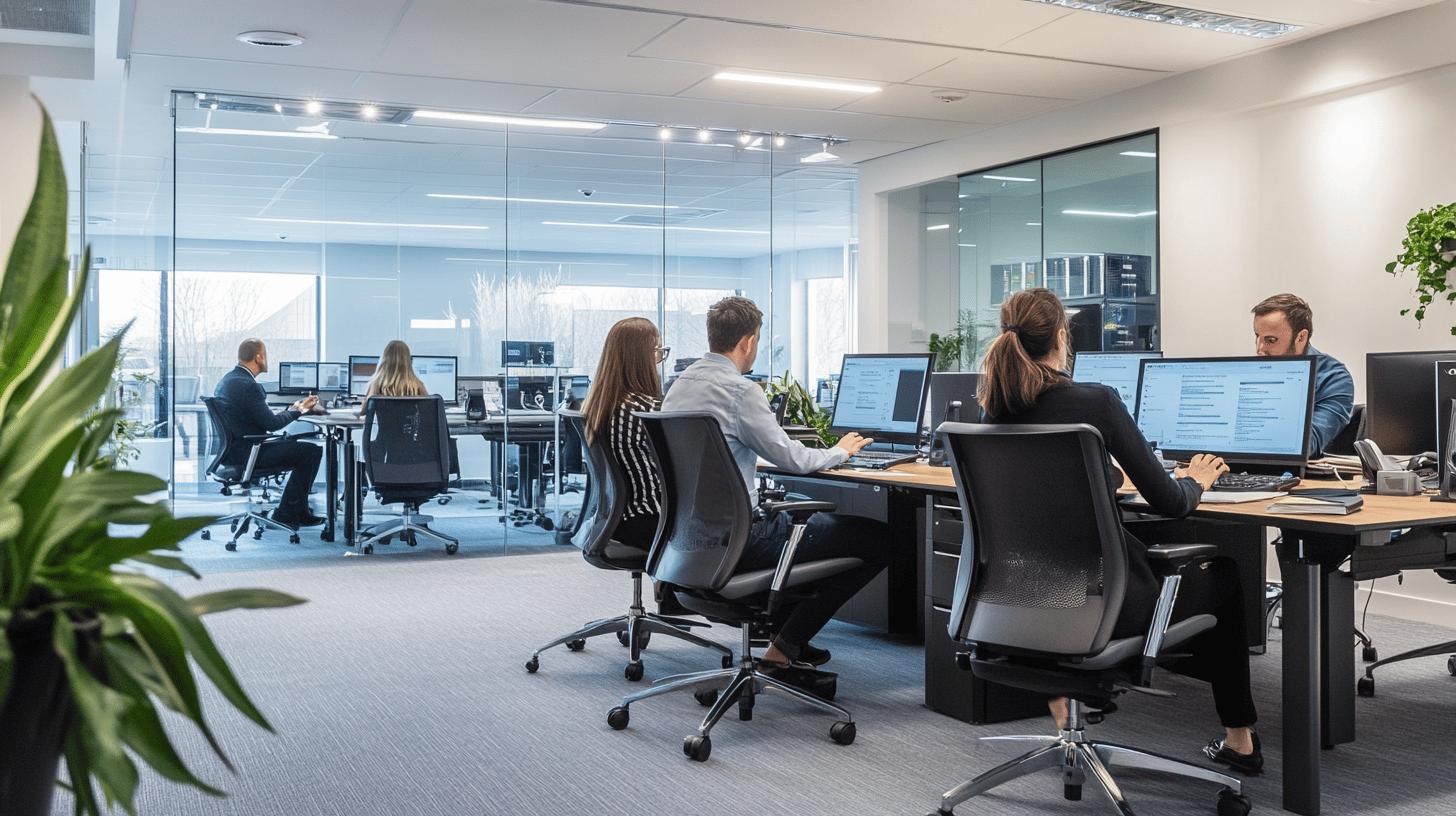 Modern open-plan office with glass partitions, employees working at computers, ergonomic chairs, and green plants, showcasing a contemporary workspace design with natural light and collaborative environment