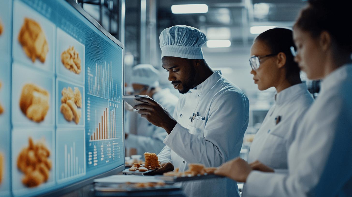 Professional chefs analyzing food production data on digital screens in high-tech industrial kitchen, examining baked goods with detailed performance graphs and metrics