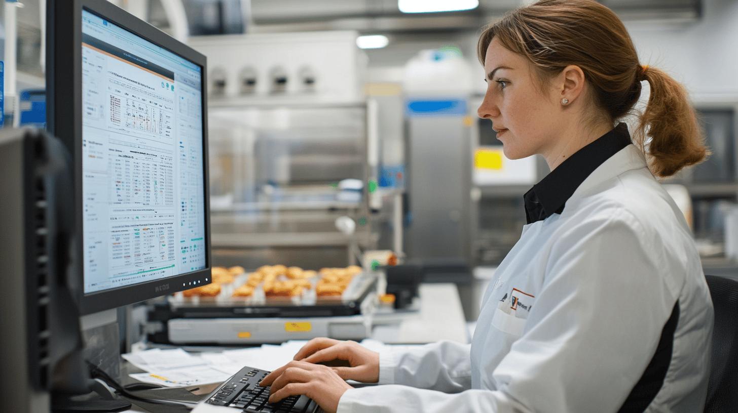 Professional food scientist analyzing data in commercial kitchen laboratory, wearing white lab coat while reviewing detailed spreadsheet on computer monitor with baked products in background