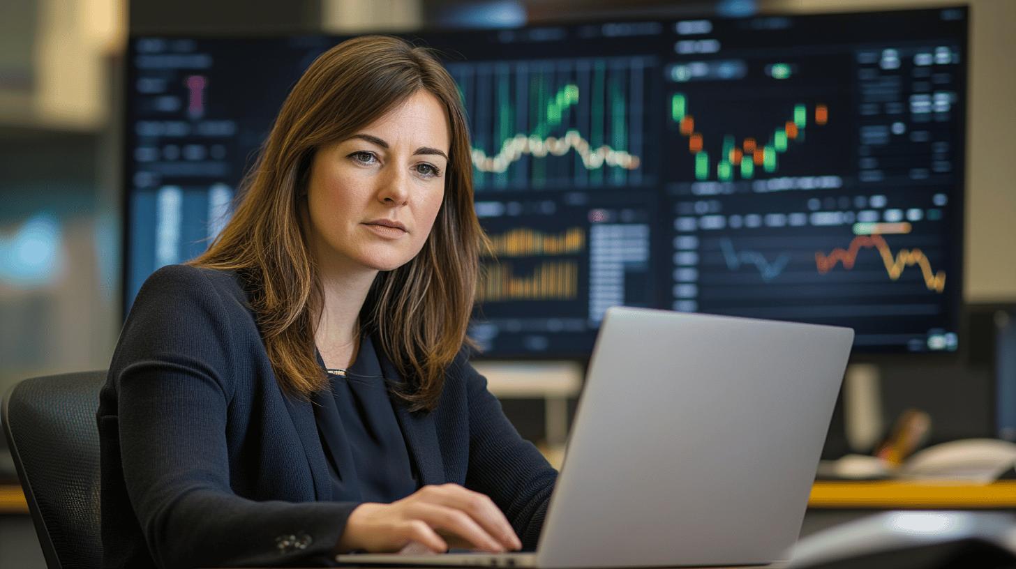 Professional woman analyzing financial trading charts on computer screen in modern office setting