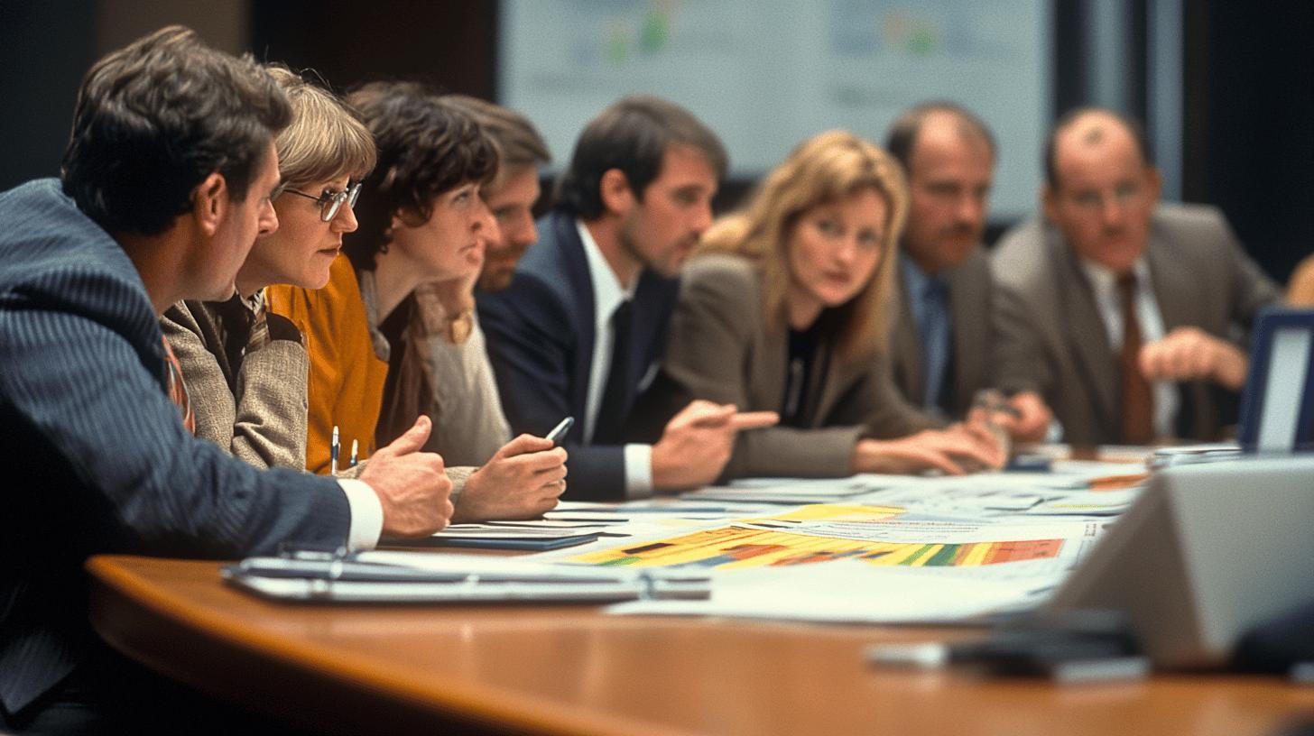 Professional business meeting with diverse team seated at conference table, analyzing documents and charts, demonstrating collaborative workplace strategy session