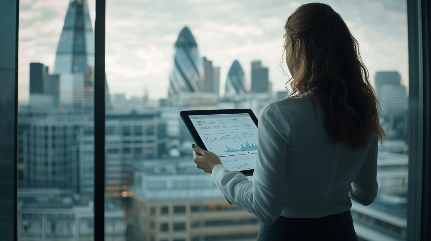 Professional analyzing financial data charts on tablet with London financial district skyline in background, featuring Gherkin and modern skyscrapers