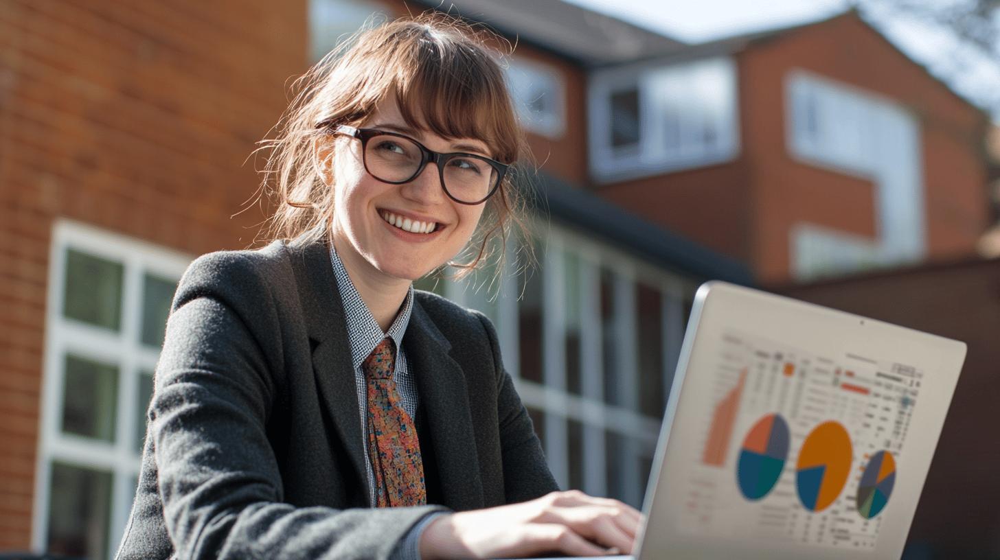 Professional businesswoman smiling while working on laptop with data analytics charts in bright office setting