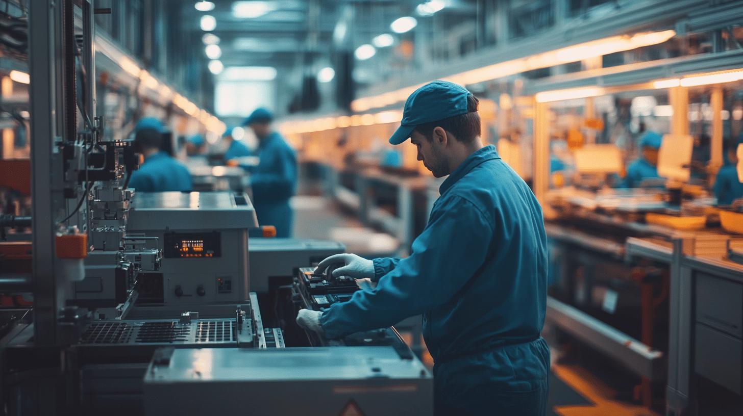 Industrial manufacturing worker operating machinery in modern factory production line with blue workwear and automated equipment