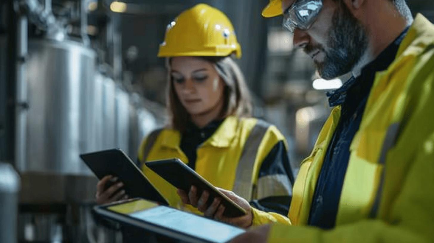 Industrial workers in yellow safety vests and hard hats reviewing digital tablets in manufacturing facility, focused on technical inspection and collaborative work