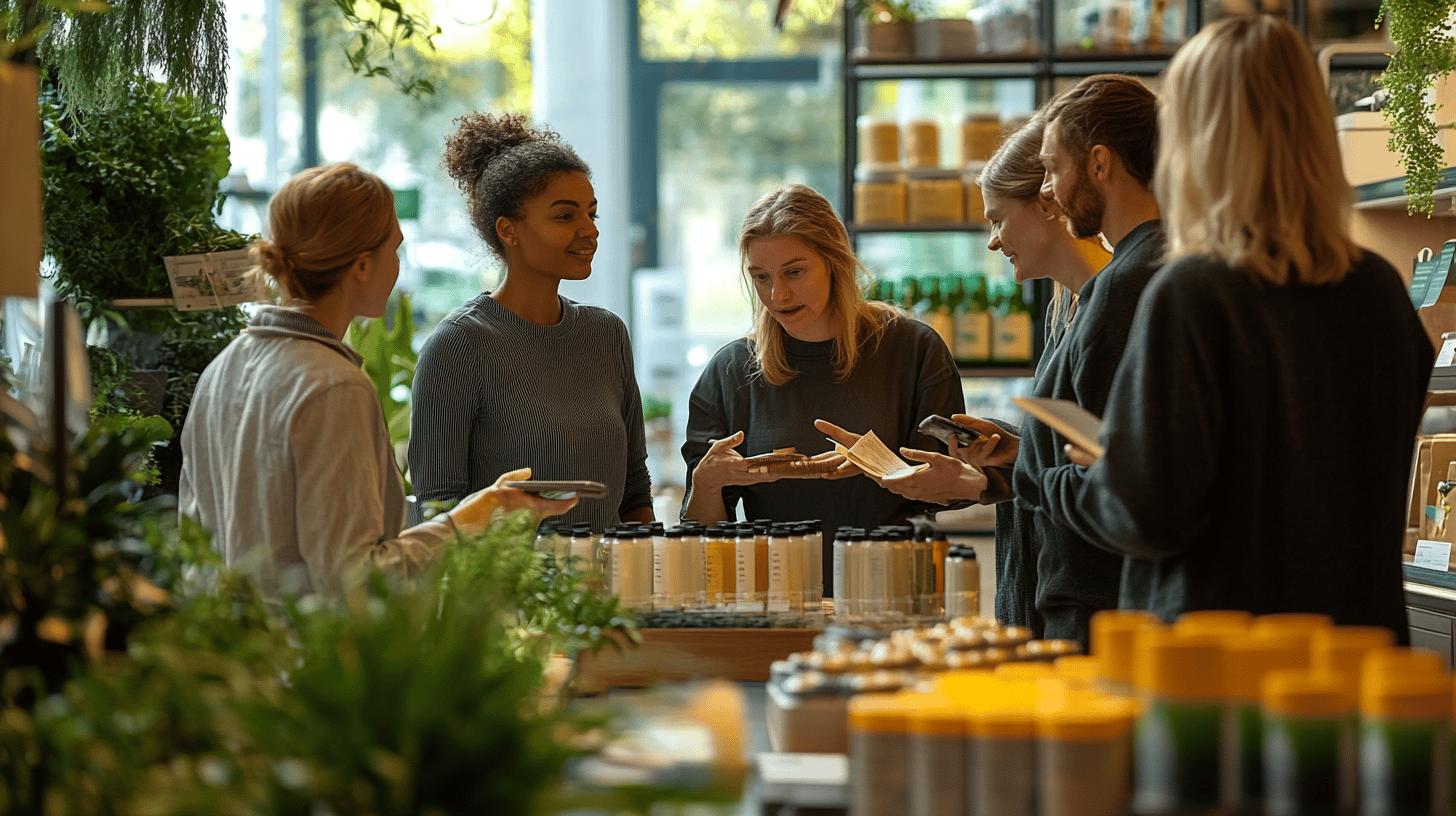 Group of people discussing sustainable products in a green, eco-friendly retail store with plants and bottled goods, showcasing collaborative shopping experience with natural interior design
