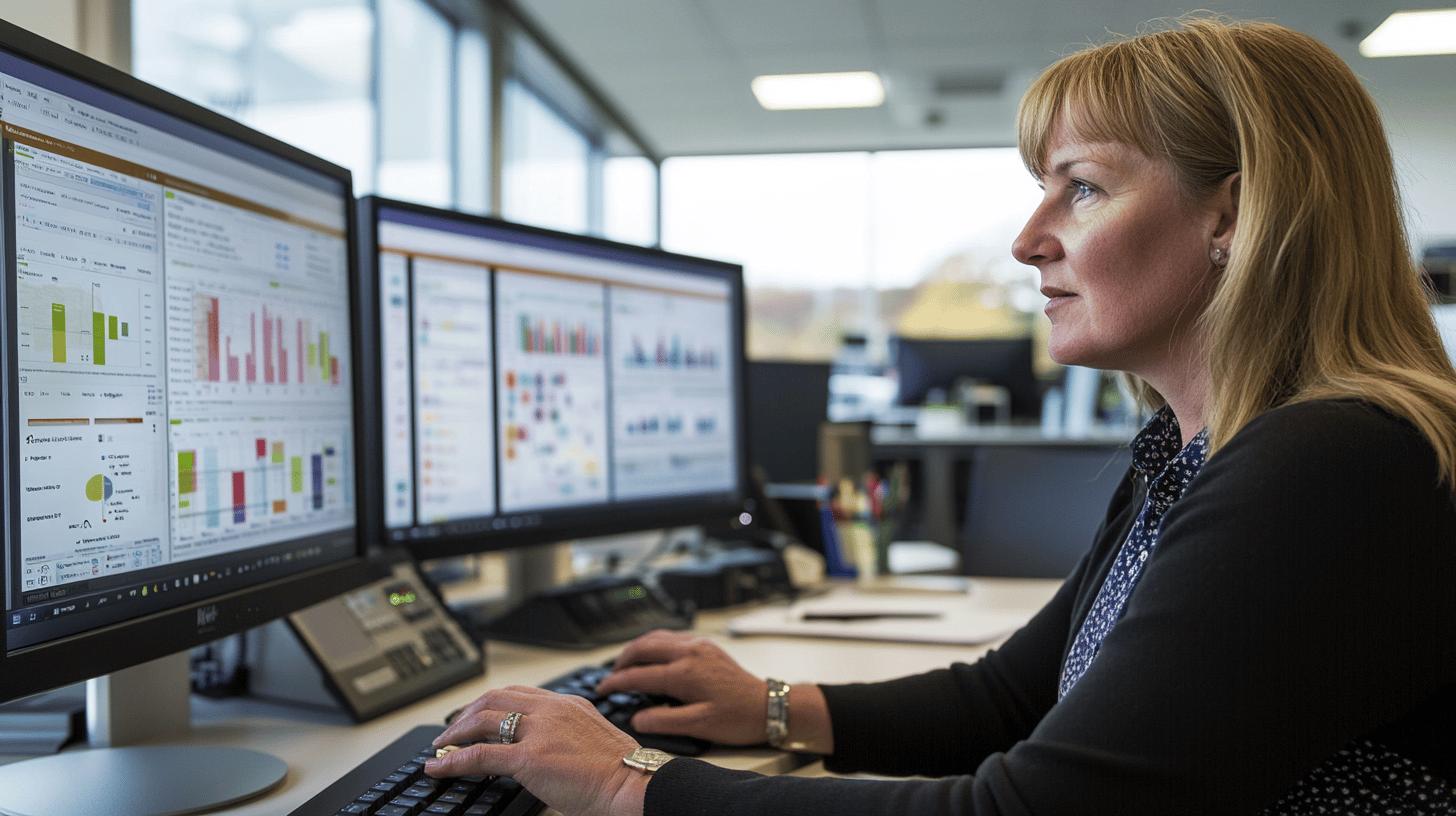 Professional analyzing business analytics dashboard on multiple computer monitors in modern office workspace