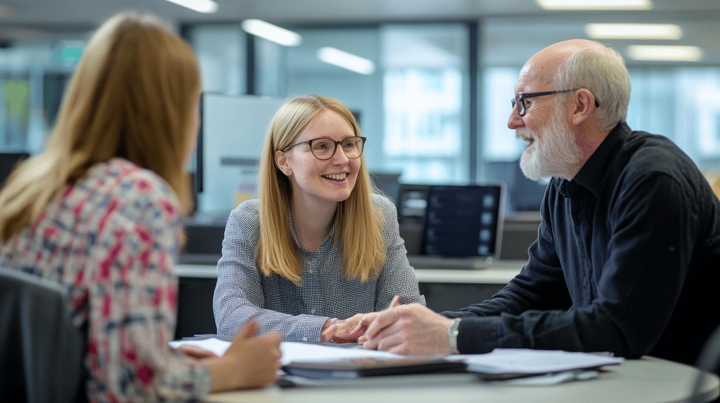 Professional team collaborating in modern office, smiling during meeting with diverse colleagues at workspace