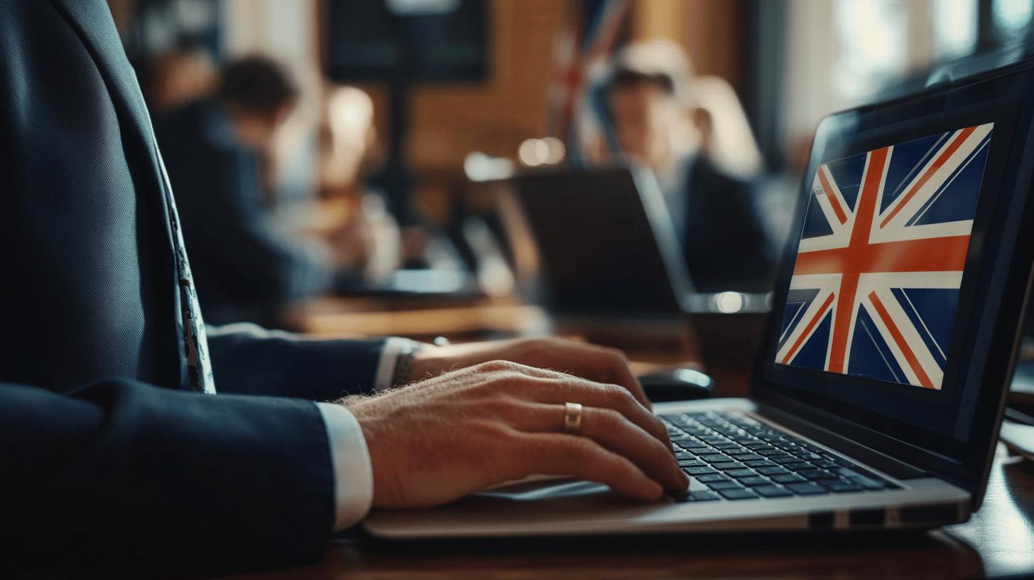 British business professional working on laptop with UK flag displayed, showcasing corporate environment and international technology concept