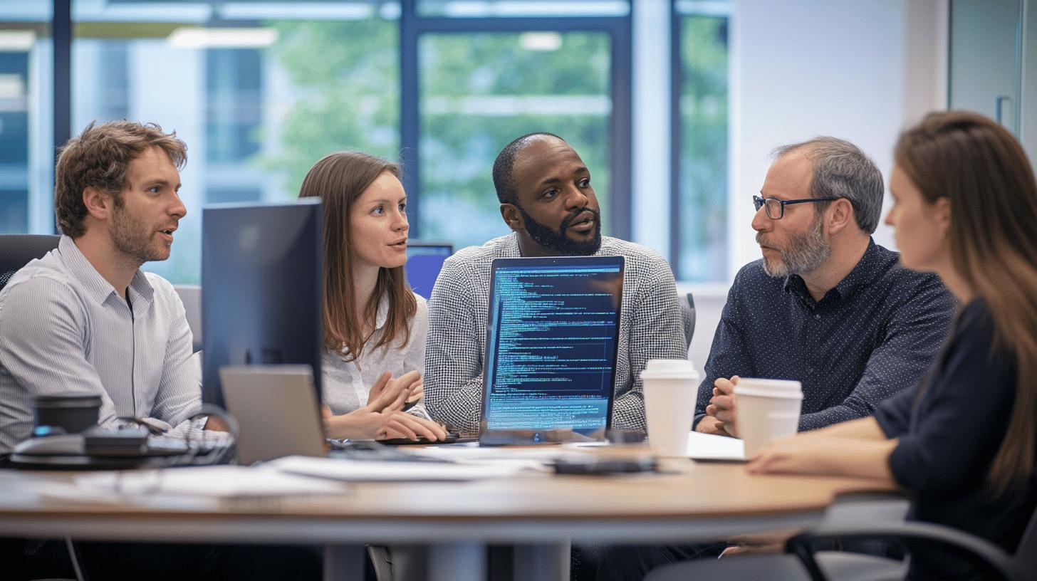 Diverse team of professionals collaborating in modern office meeting with computer screens and programming code, discussing project strategy and software development