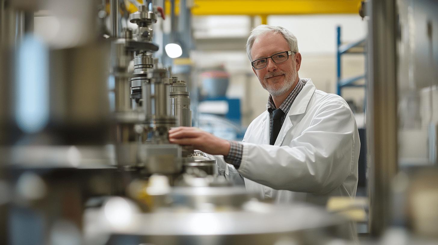 Experienced scientist in white lab coat working with precision industrial machinery in a high-tech laboratory setting, examining technical equipment with focused expertise