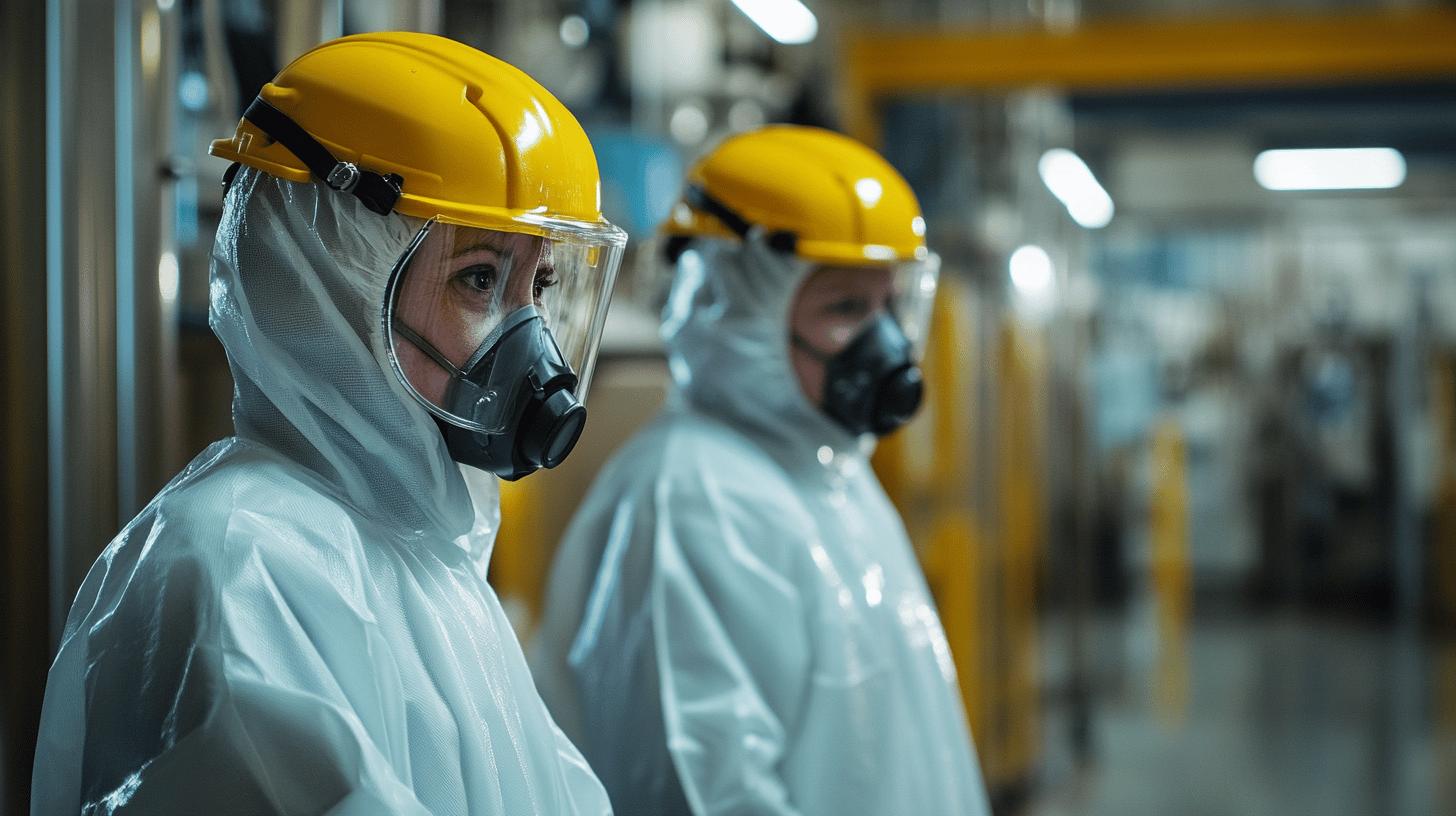 Workers in protective hazmat suits with yellow hard hats and respirator masks in an industrial facility, demonstrating stringent safety protocols and workplace protection measures
