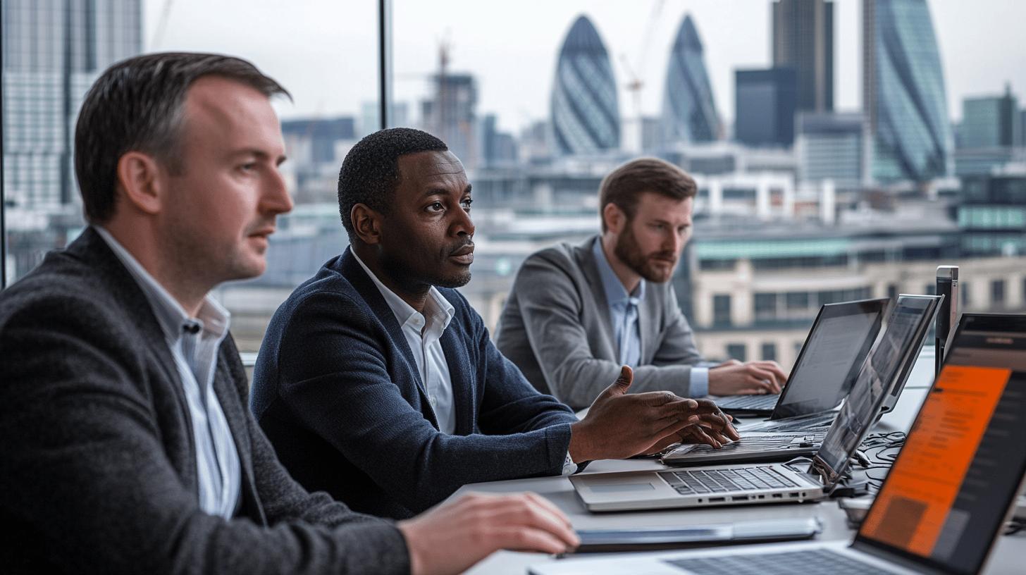 Diverse business team working on laptops in London financial district with Gherkin skyscraper in background