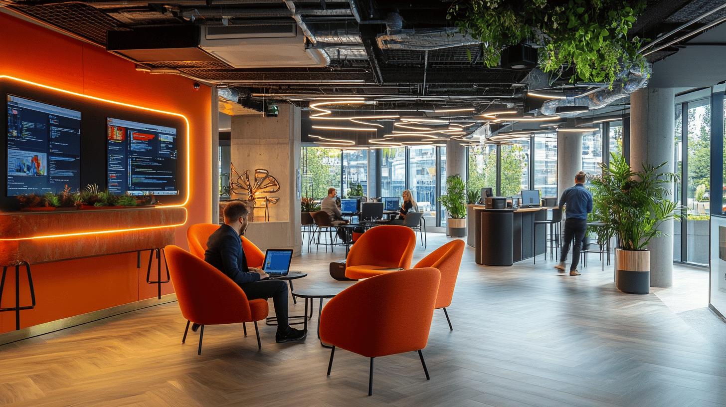 modern open-plan office with vibrant orange chairs, exposed ceiling with green plants, large digital display, and multiple workspaces with employees working on computers, featuring industrial design and natural lighting