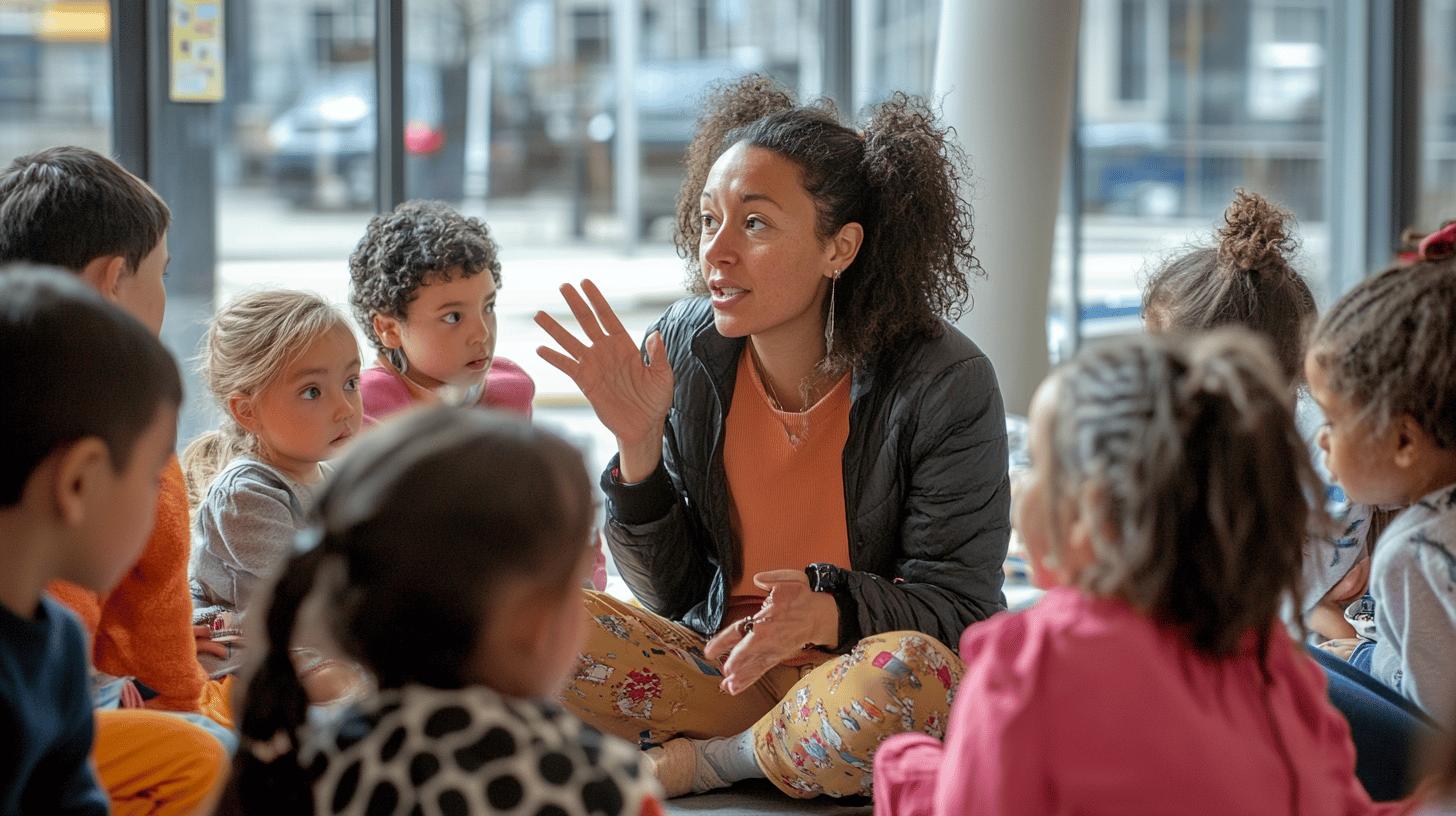 Diverse group of young children listening to teacher in classroom with large windows, engaging in interactive learning session