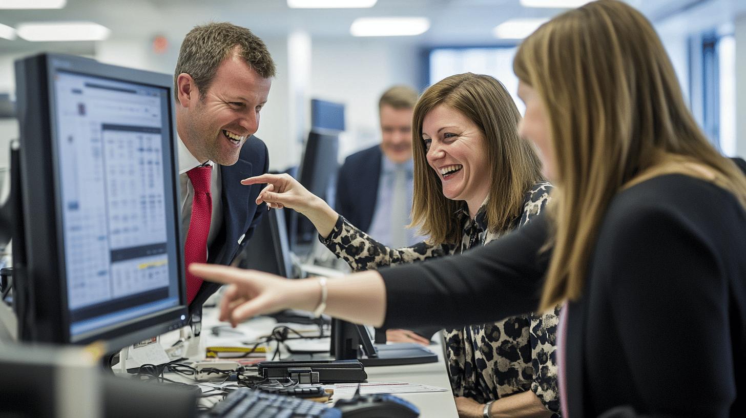 Professional team laughing together while working on computer in bright modern office setting, colleagues collaborating and pointing at shared screen with enthusiasm