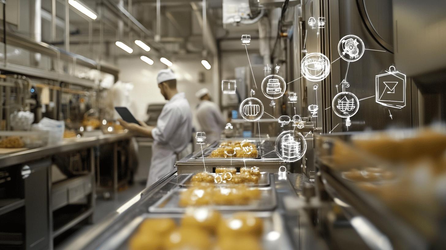 High-tech food manufacturing facility with golden pastries on production line, workers in white uniforms, and holographic technology icons showing process tracking and quality control