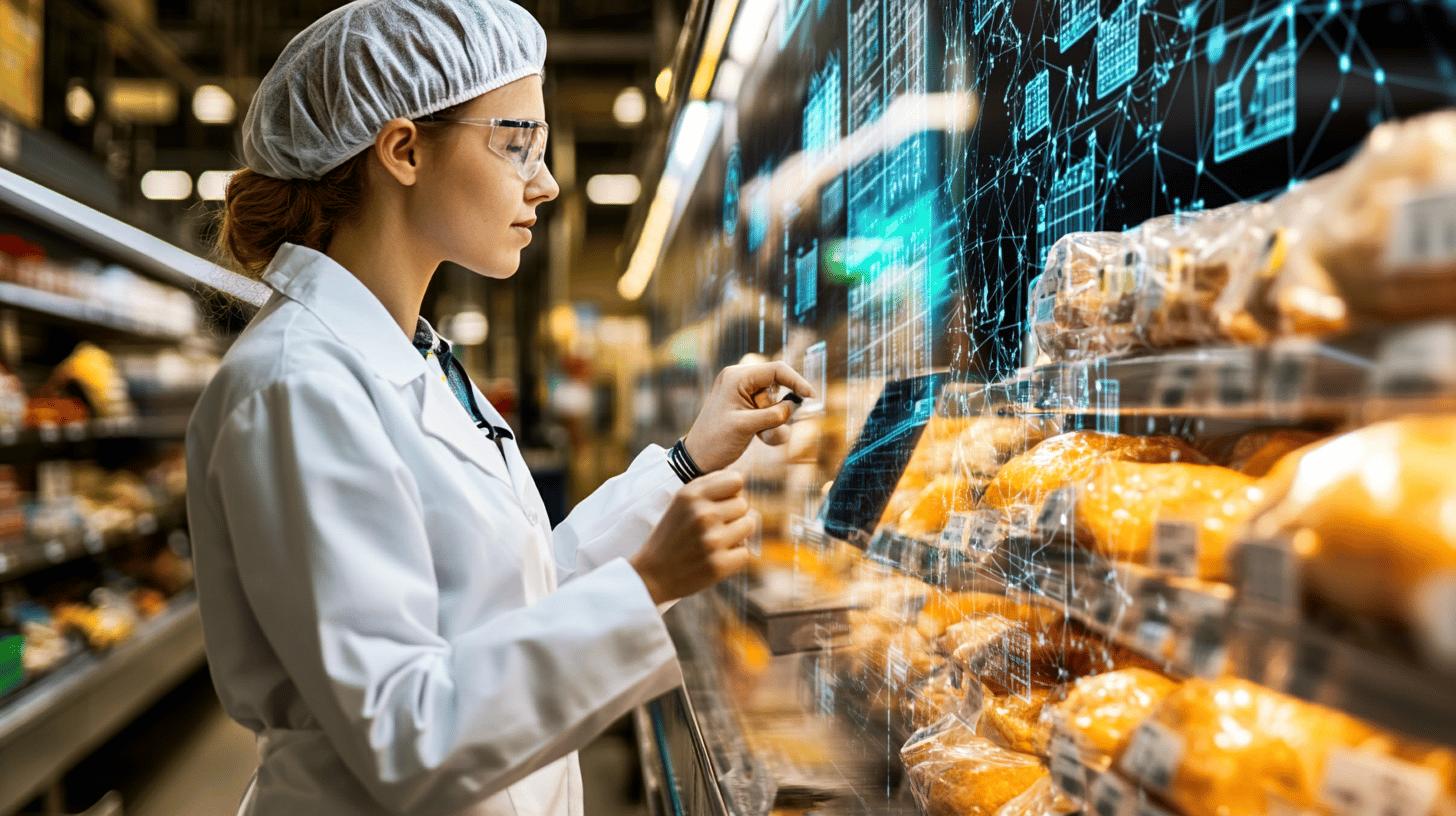 Food technologist using advanced digital interface to analyze packaged baked goods in high-tech grocery storage facility, wearing white lab coat and protective hair covering