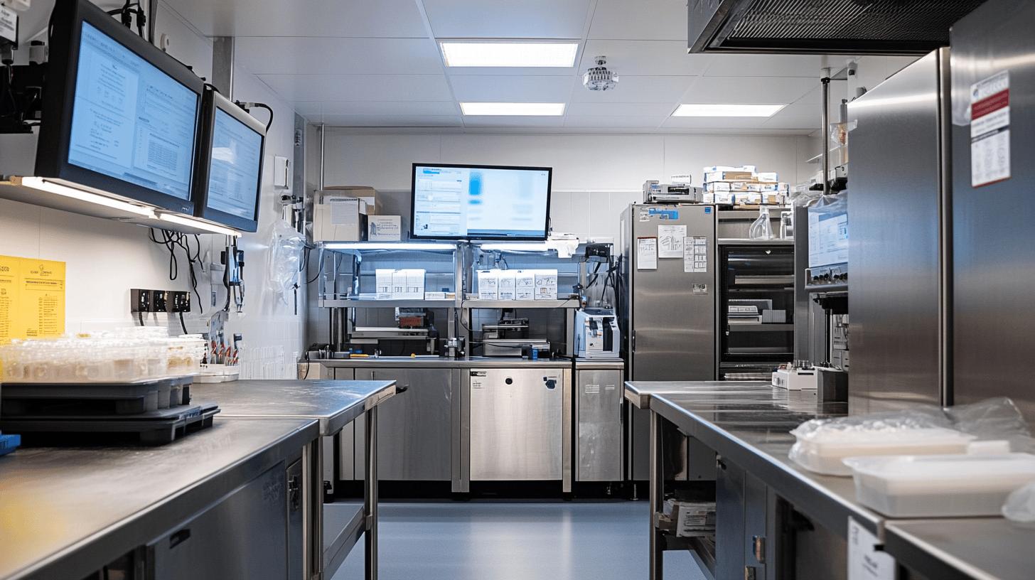 stainless steel medical laboratory with computer screens, advanced diagnostic equipment, refrigeration units, and sterile workspace for scientific research and medical testing