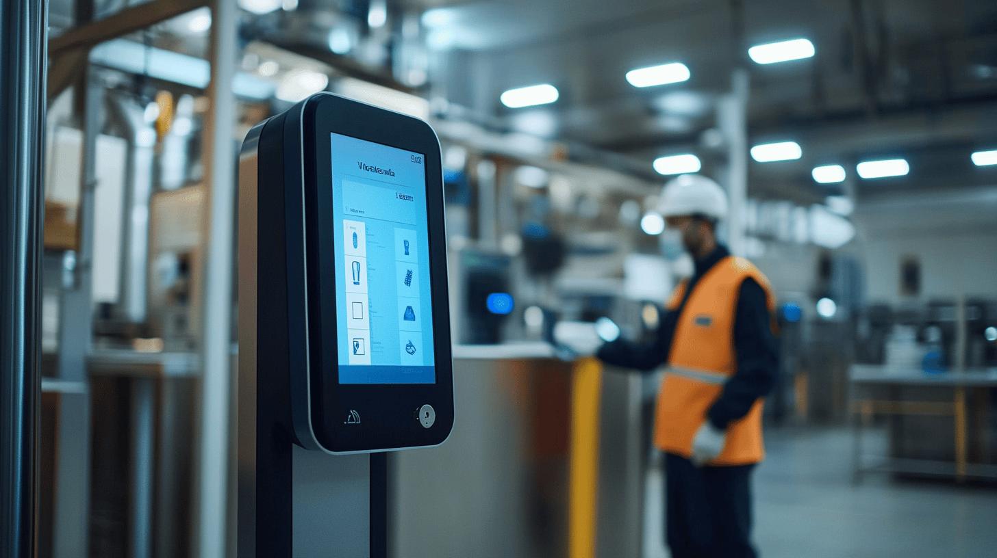 Digital touchscreen interface in industrial setting with worker in orange safety vest in background, showcasing modern workplace technology and access control system