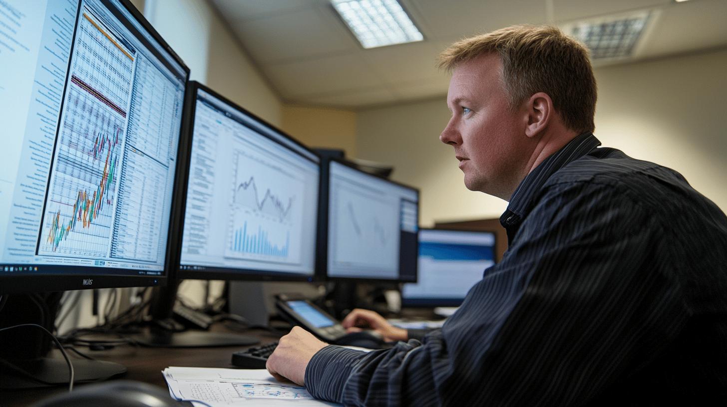 financial trader analyzing stock market data on multiple computer monitors in office setting, focused professional examining trading charts and graphs