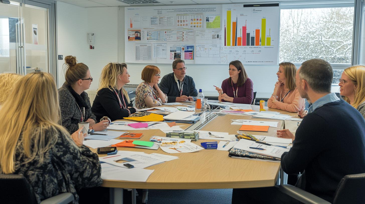Professional team collaborating in modern office meeting room with data charts and graphs on wall, discussing project strategy during group workshop session