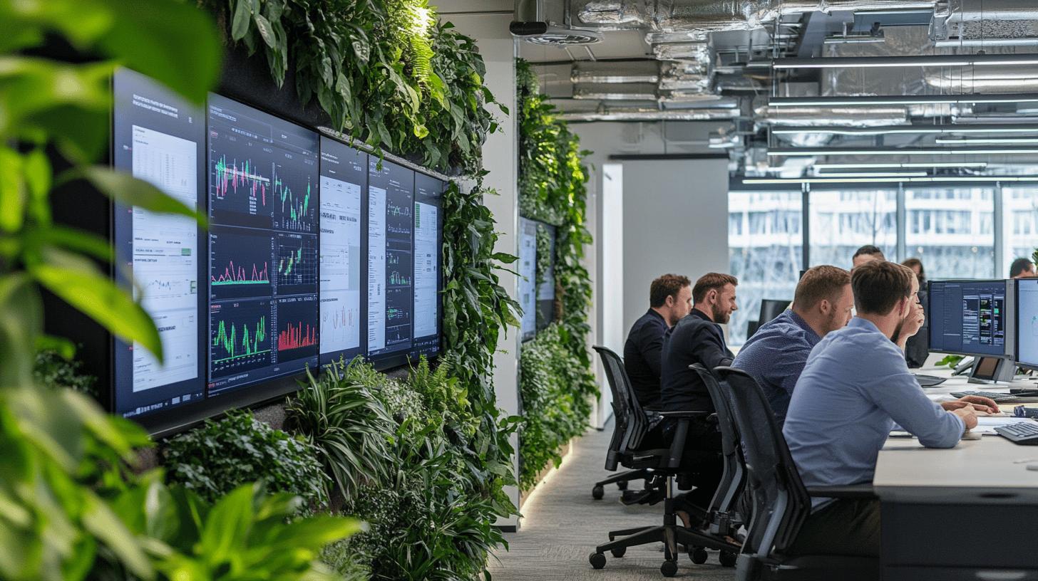 Green-walled modern office with financial analysts working at computers, displaying stock market data analytics on multiple screens with urban building view in background