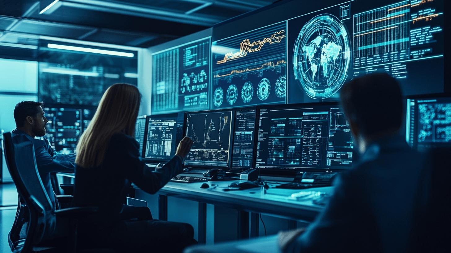 Futuristic data control room with multiple screens showing global monitoring, digital interface, and network analysis in blue cybersecurity theme