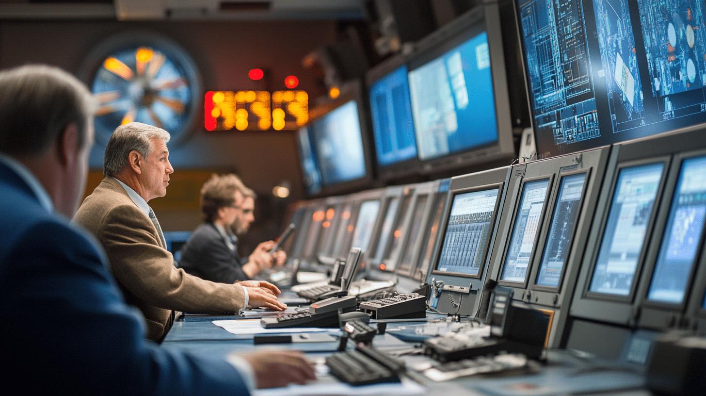 Professional control room with multiple monitors displaying technical data, with workers monitoring complex digital systems and information screens