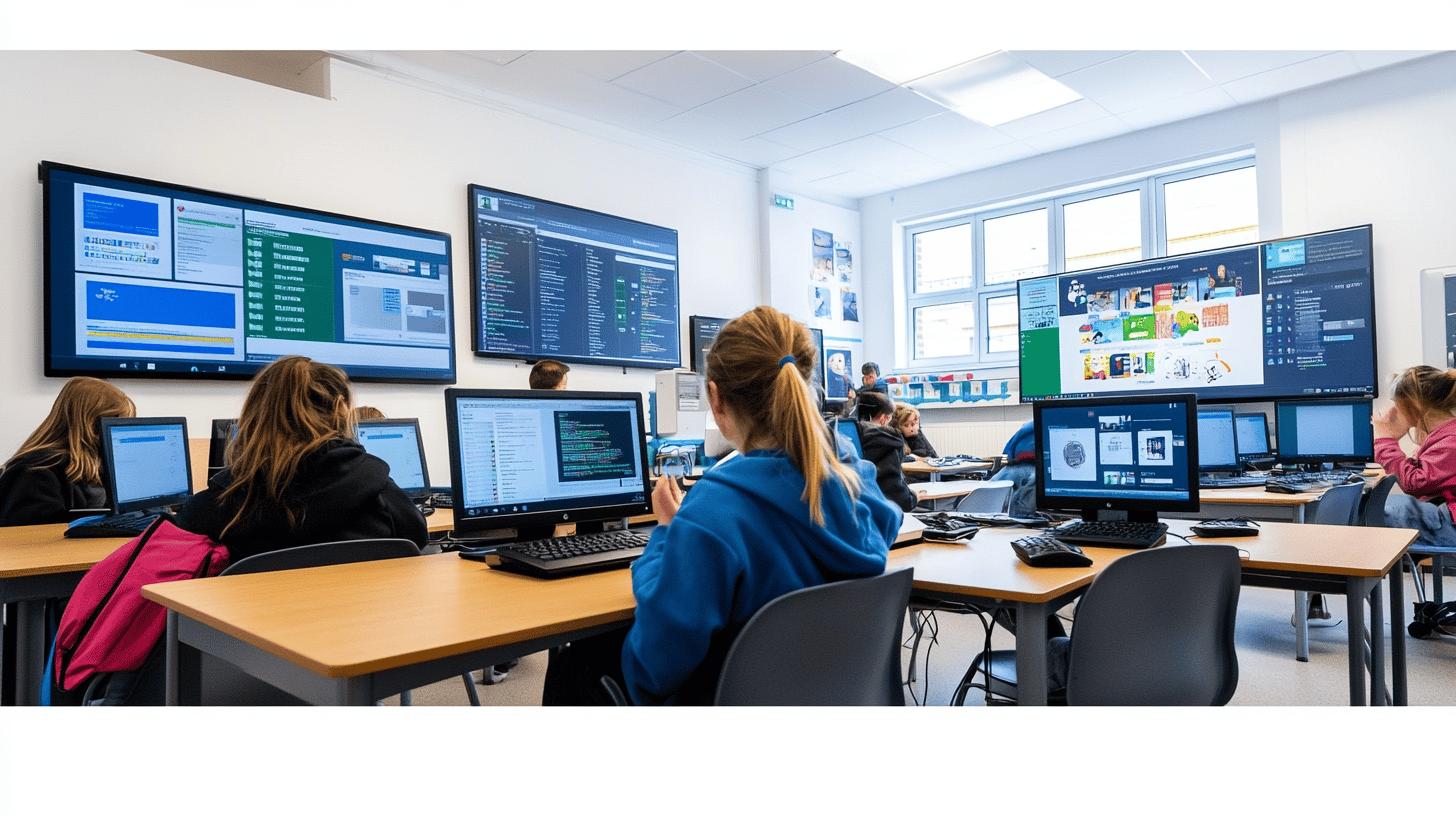 School computer lab with students working on desktop computers, multiple large monitors displaying programming interfaces and design software, with windows and educational posters in the background