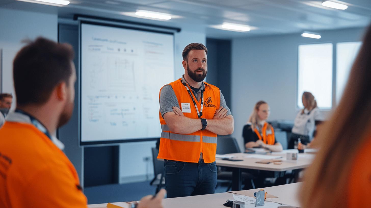 Professional safety instructor in orange high-visibility vest leading workplace training session with whiteboard and team members in modern office environment