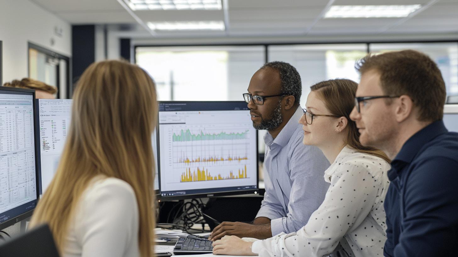 Business team analyzing data analytics graphs on computer screen in modern office workspace