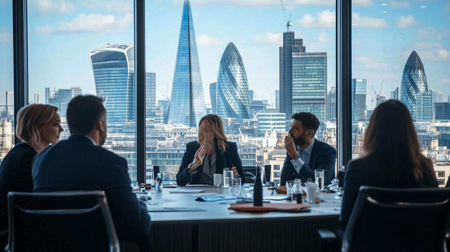 Professional business meeting in London's financial district with iconic skyscrapers like the Gherkin and Shard visible through floor-to-ceiling windows, showcasing modern corporate workspace with collaborative team discussion