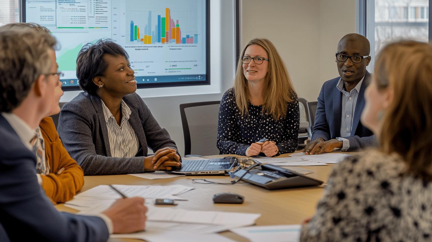 Diverse business team analyzing data during professional meeting with colorful performance chart in background