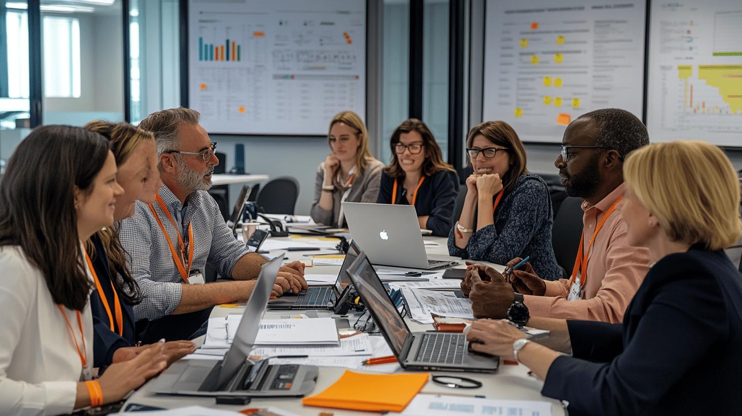Diverse business team collaborating in modern office meeting room with data charts and laptops, engaged in professional discussion with orange accents and analytical visual aids