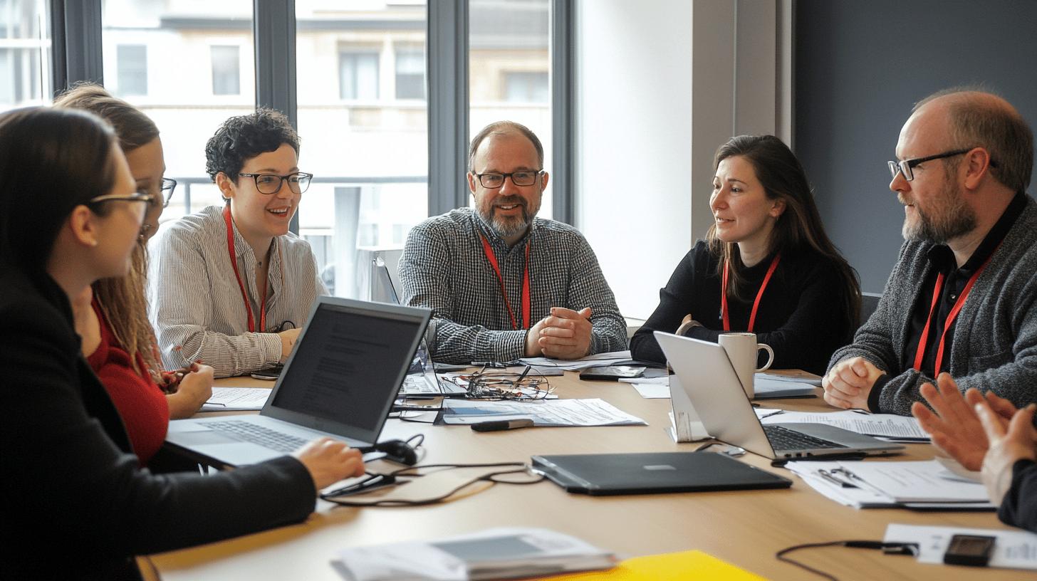 Diverse professional team collaborating in modern office meeting with laptops and smiling colleagues around conference table, wearing red lanyards during team discussion