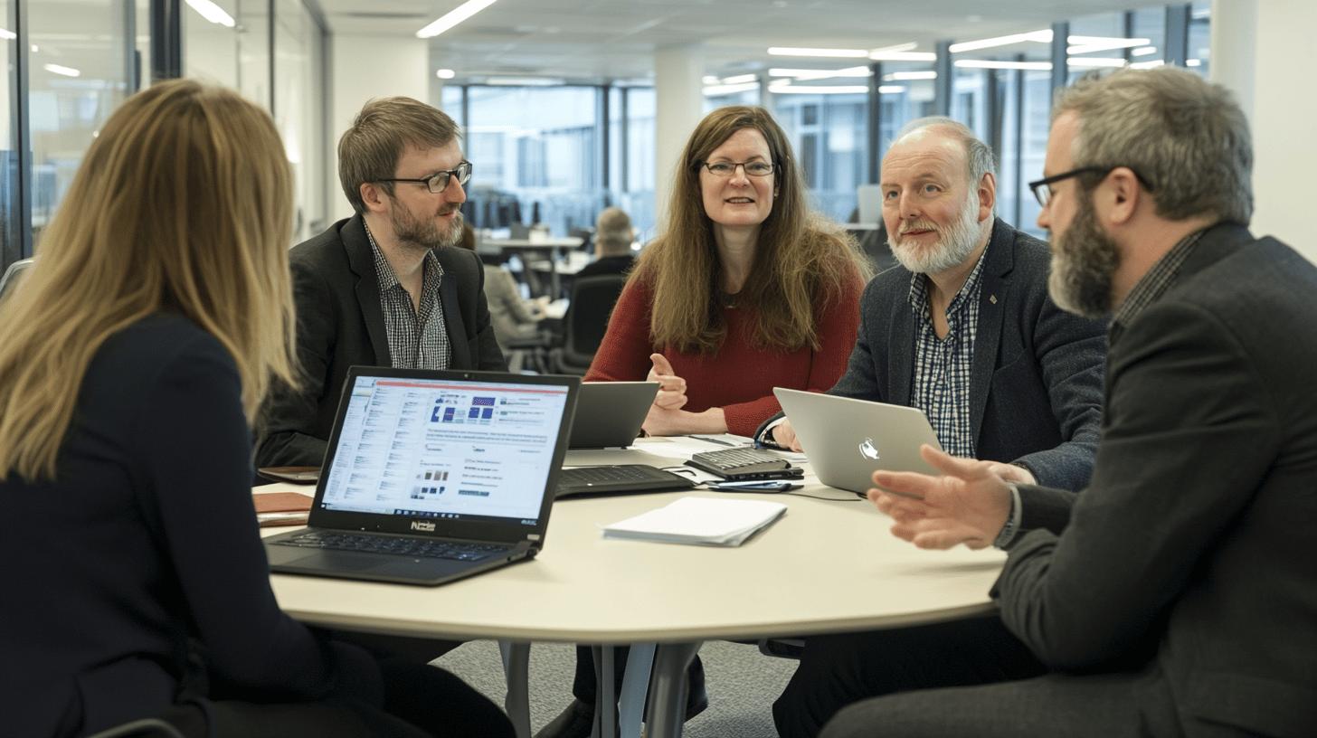 Professional team collaborating in modern office meeting, discussing project on laptops with engaging group interaction and open workspace background