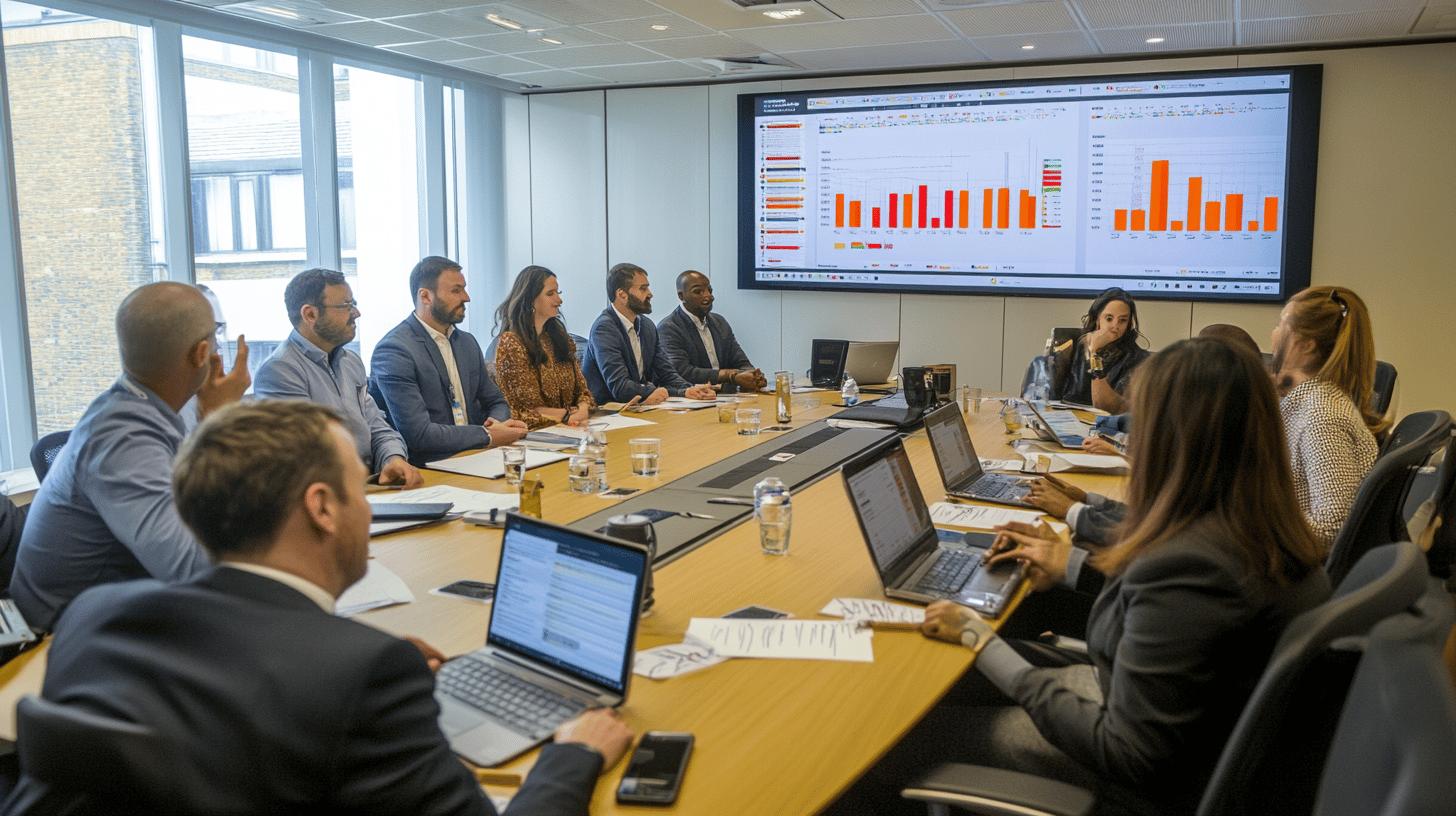 Diverse professional team in business meeting, analyzing data charts on large screen, with laptops and documents on conference table in modern office setting