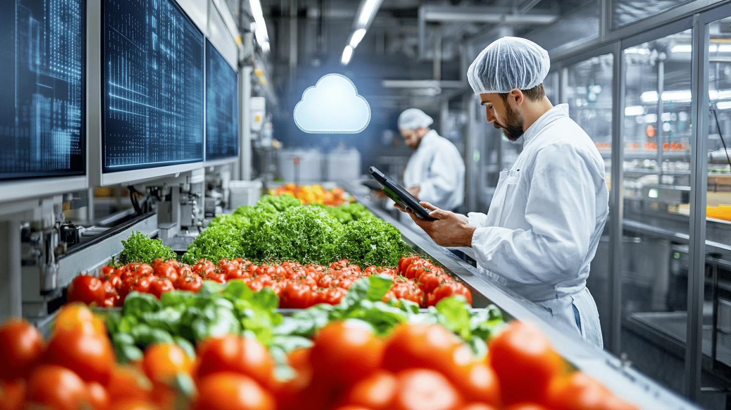 High-tech food production facility with fresh tomatoes and leafy greens, featuring a worker in sterile white uniform using digital technology to monitor quality control with cloud computing and data screens in the background