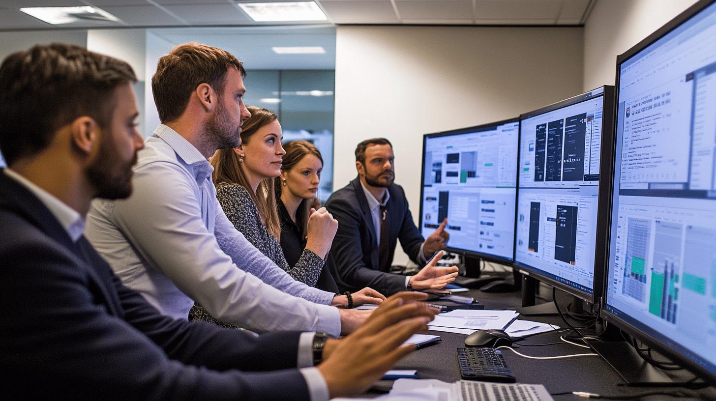Professional team analyzing data analytics on multiple computer monitors in a modern office setting, collaborating on business intelligence dashboard and strategic planning