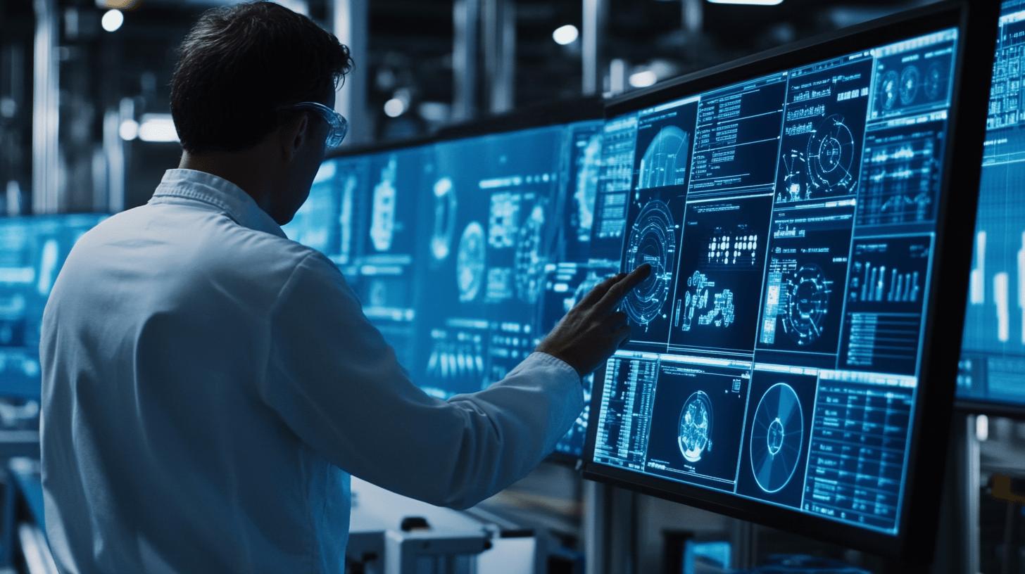 Futuristic medical technology professional analyzing brain scans and complex data visualizations on advanced digital touchscreen displays in a high-tech research environment