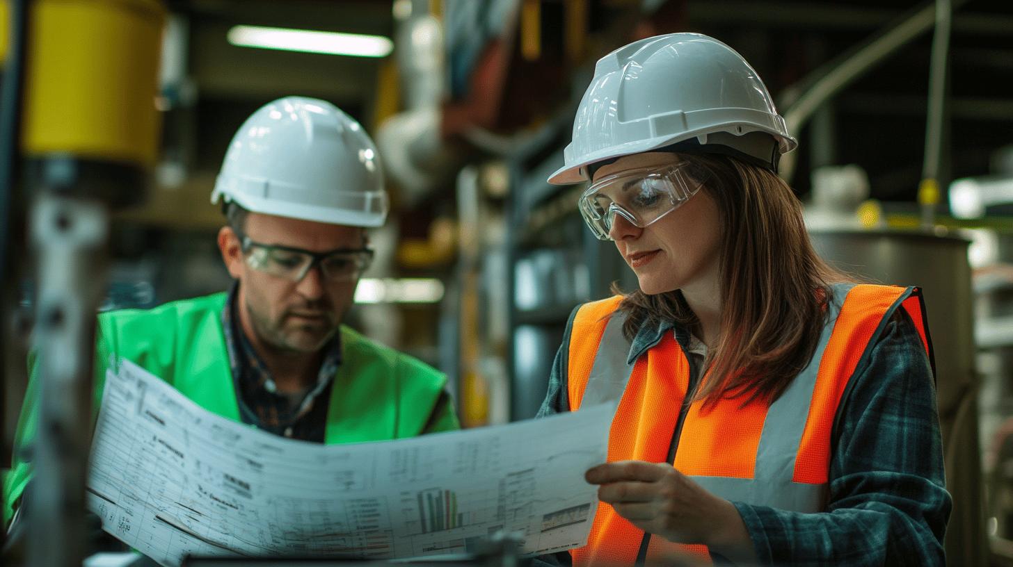 Industrial workers in safety gear reviewing technical blueprint in manufacturing facility, wearing white hard hats, protective eyewear, orange and green safety vests