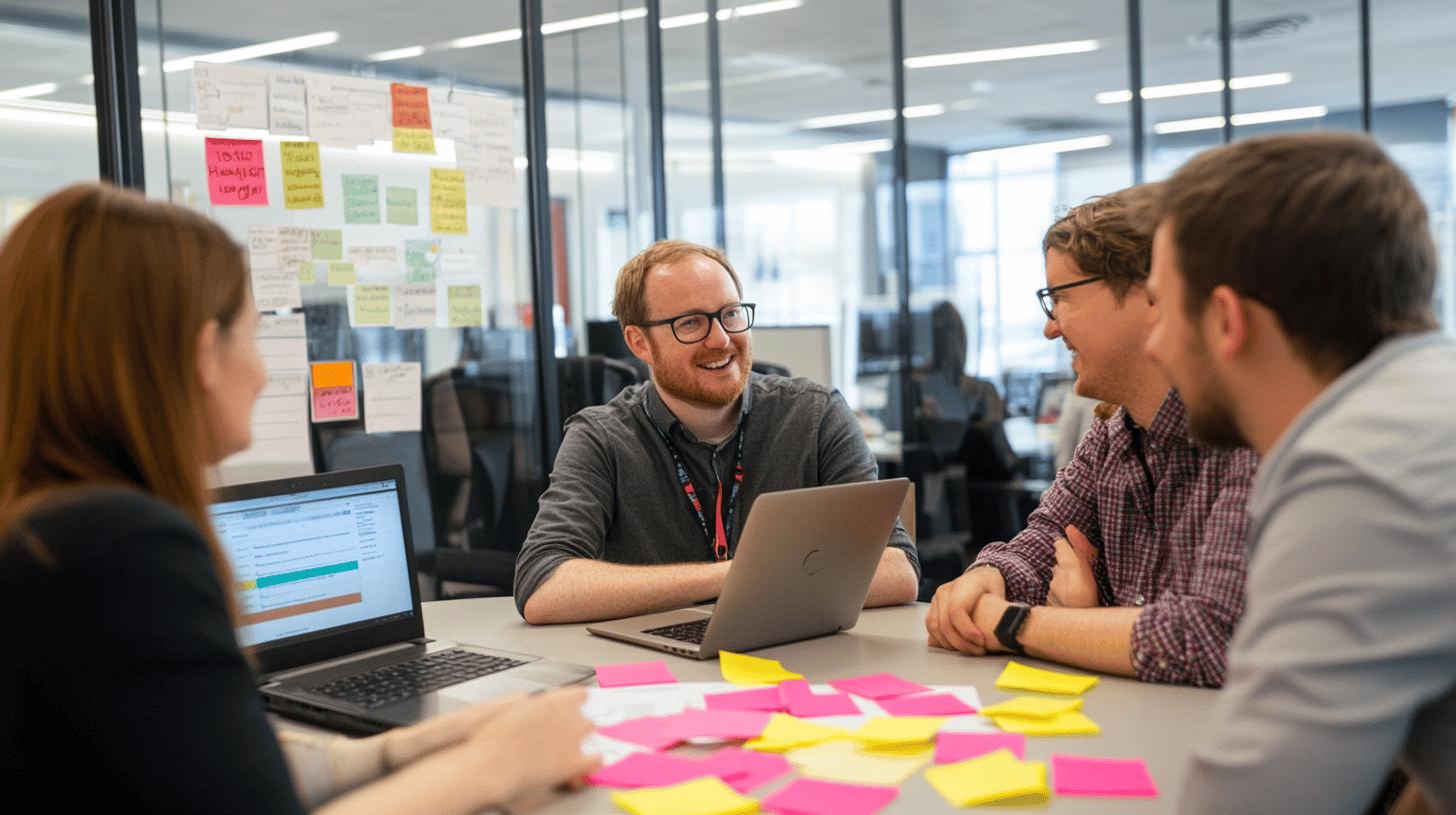 Team collaborating in modern office with sticky notes and laptops, brainstorming creative project solutions in bright, open workspace