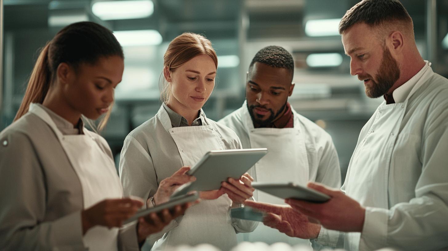 Professional culinary team collaborating in kitchen, reviewing digital tablets while wearing white chef uniforms in modern kitchen setting