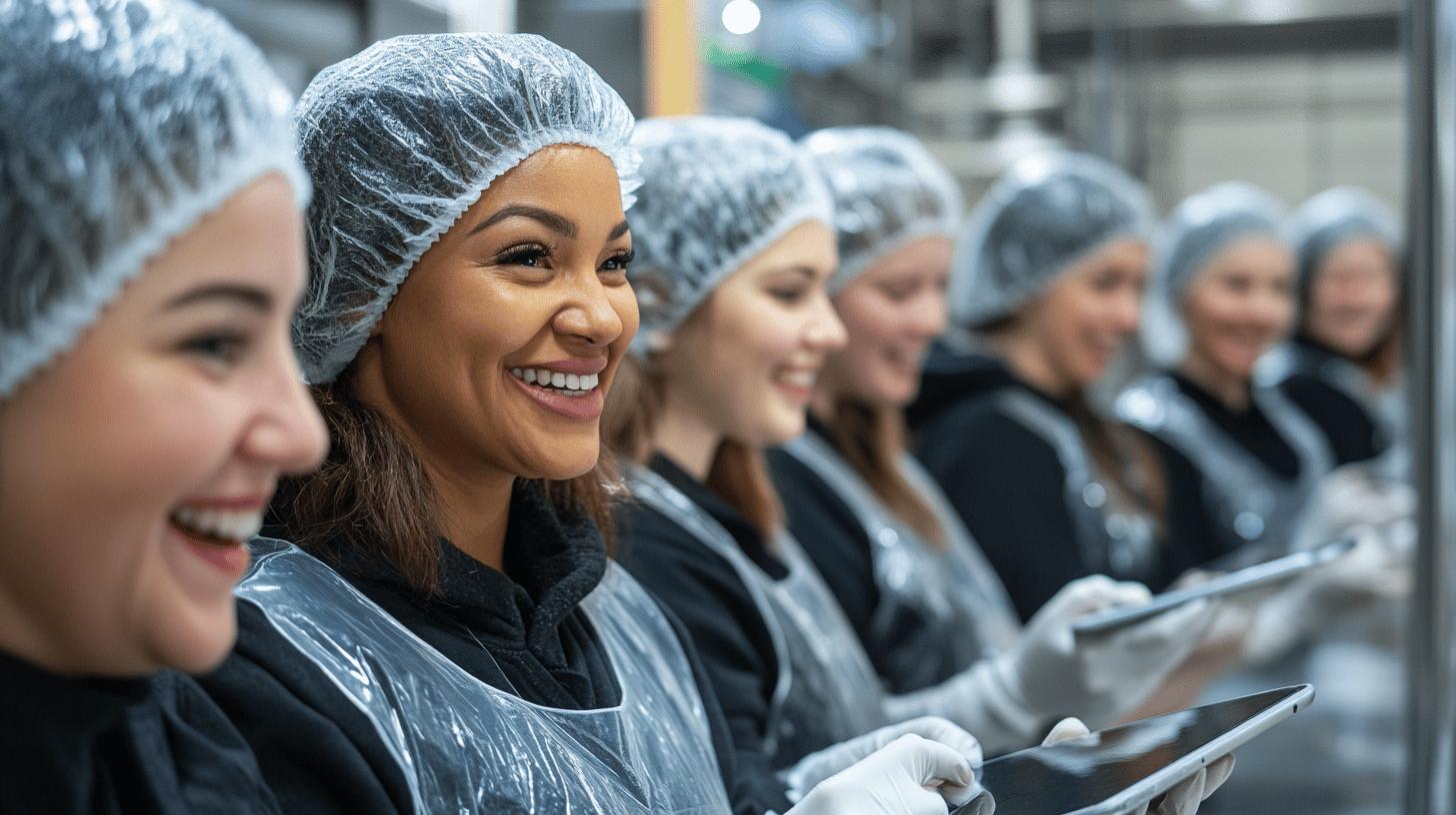 Food processing workers in hygienic attire smiling while working in modern industrial facility, wearing hairnets, protective aprons, and gloves, using digital tablets