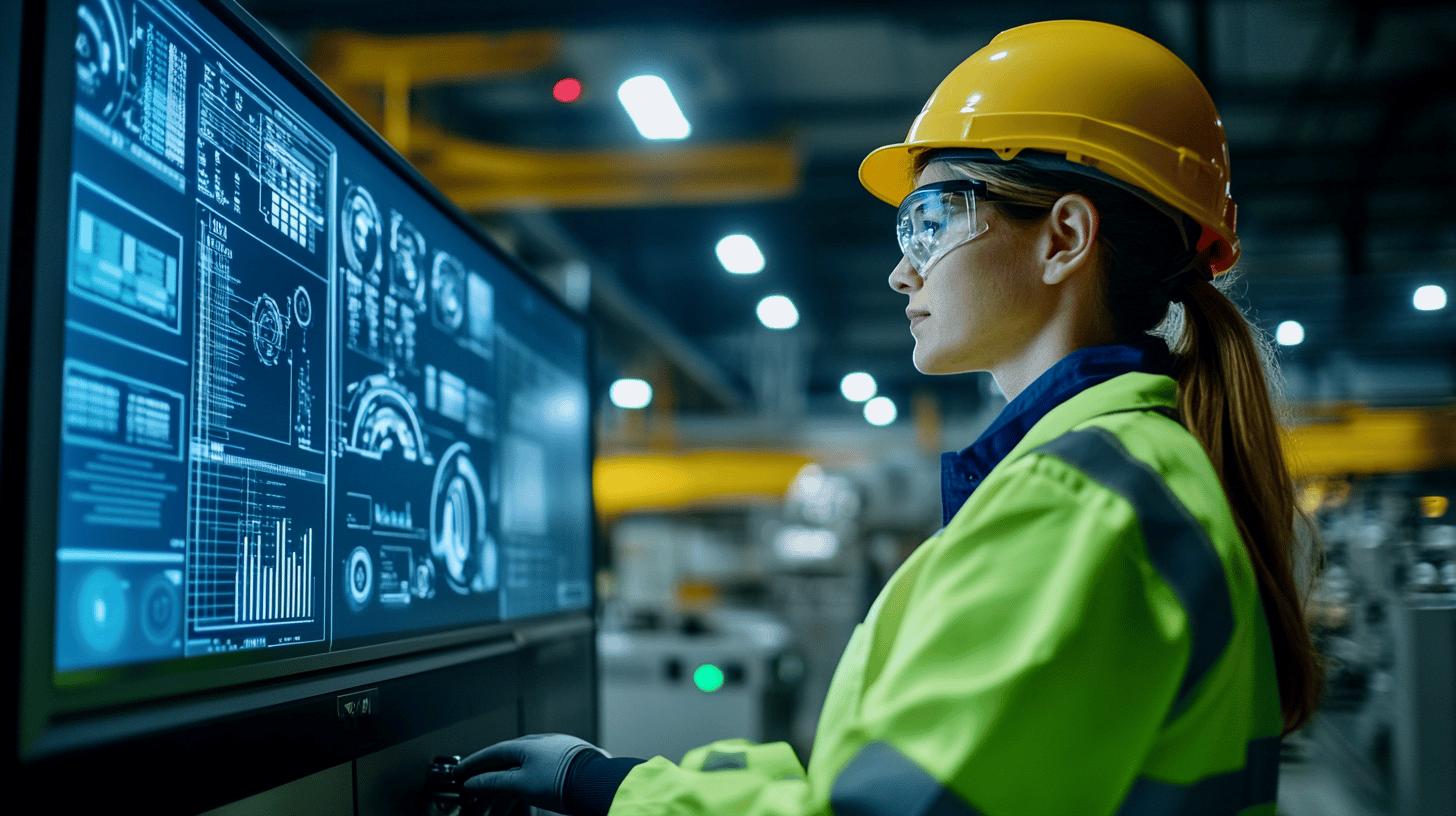 Female industrial engineer in yellow hard hat and safety glasses analyzing digital data interface on high-tech screen in manufacturing facility, showcasing advanced technology and industrial monitoring